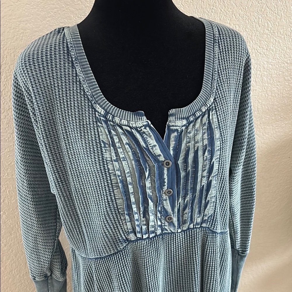 Free People Jolene Waffle Blue Long Sleeve Boho Mini Dress Small Medium XS 0025 - Picture 3 of 9